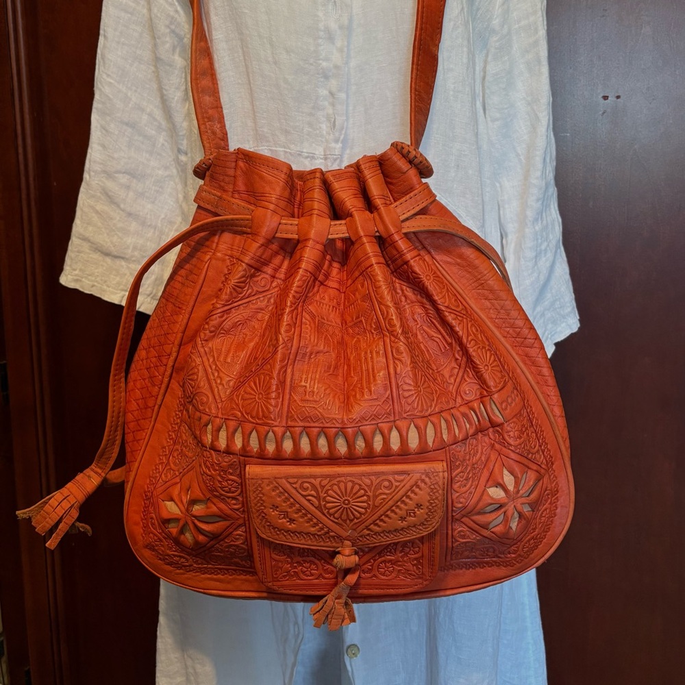 Bohemian Moroccan Handcrafted Burnt Orange Large Leather Shoulder Bag Purse Tote